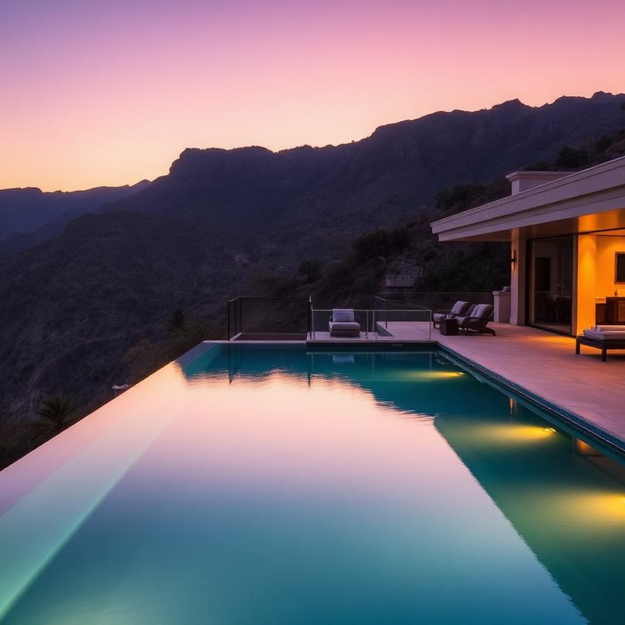 Infinity pool at a luxury hillside estate at dusk